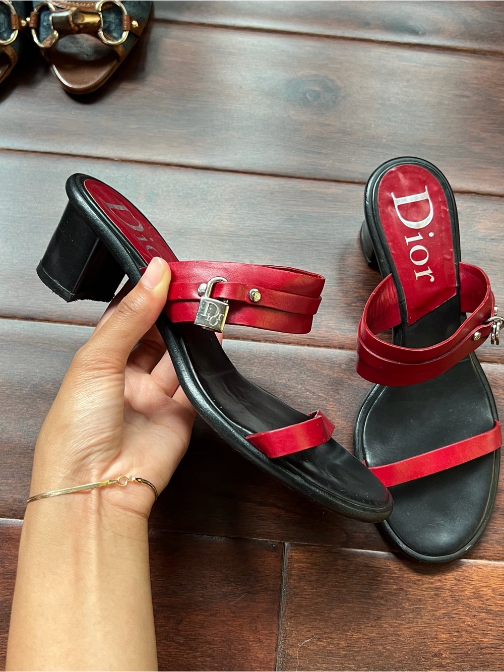 Dior Red and Black Leather Slide Heels with Logo Charm Vintage